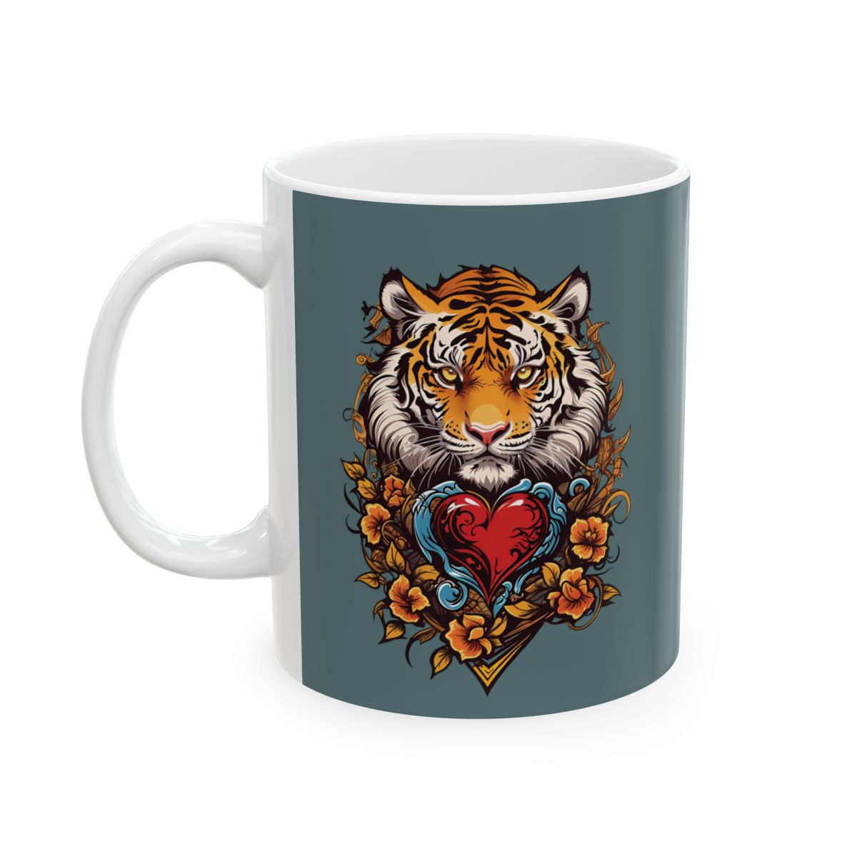 Mug with a tattoo style tiger and heart and flowers design on a teal background