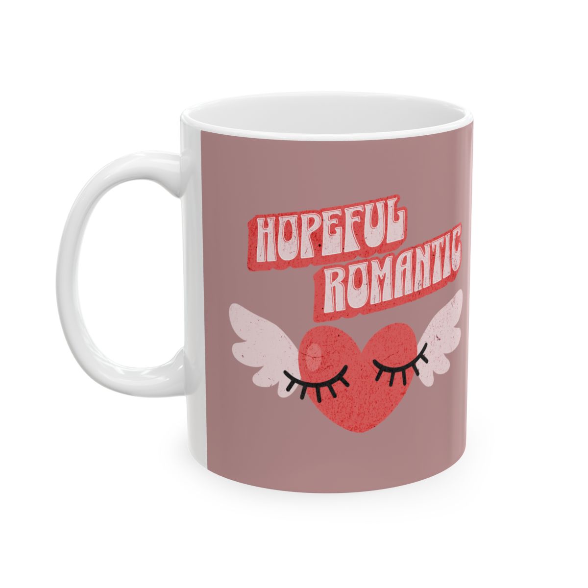 Mug with 'Hopeful Romantic' text in red, written in retro aesthetic letters and a heart with wings design