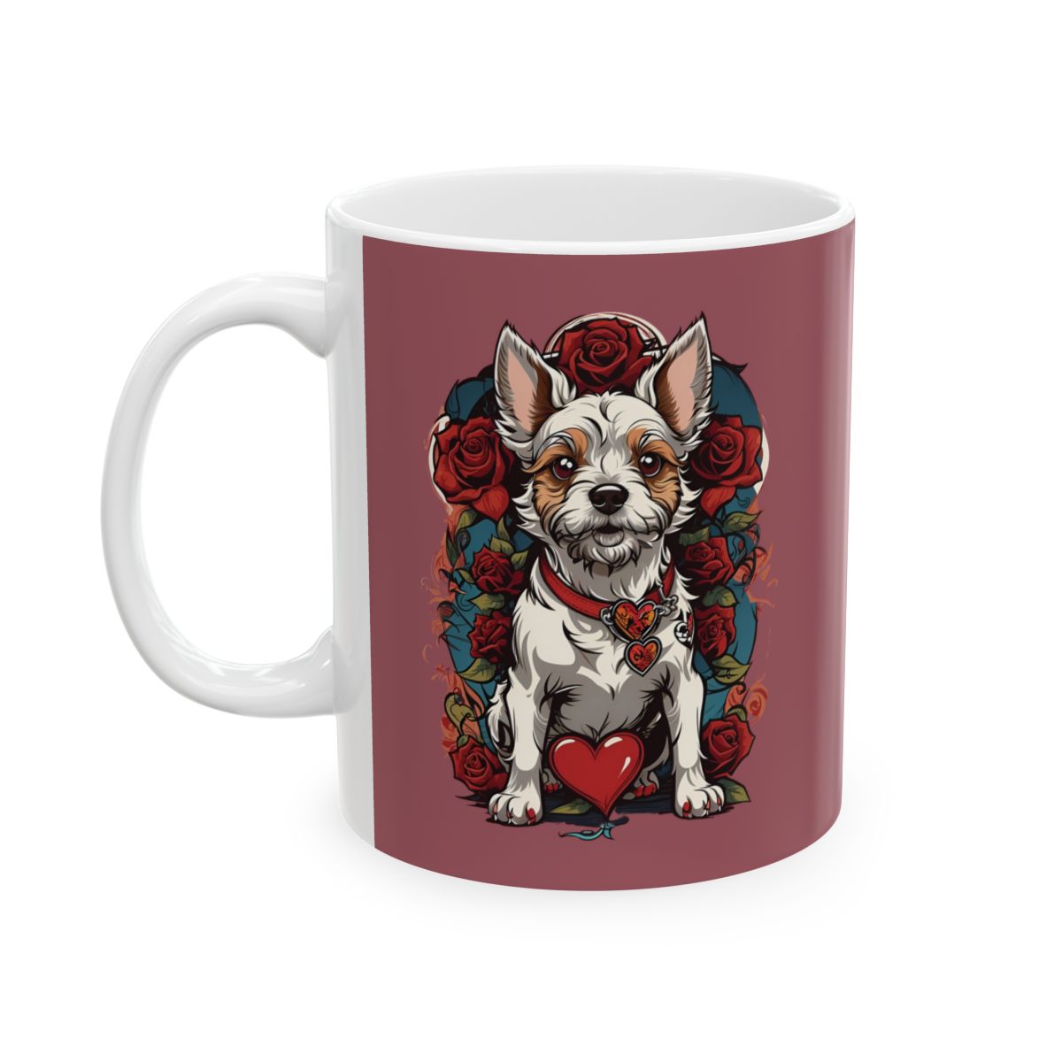 Mug with a tattoo aesthetic terrier dog and a heart and roses design on a red background
