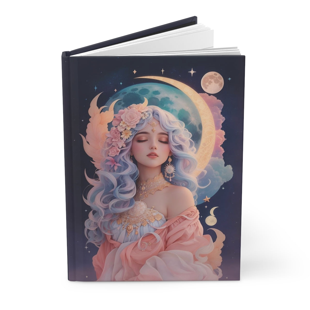 Notebook with a fantasy design of a young woman with long hair dressed like a greek goddess in pastels and pastel colored celestial elements on the cover.