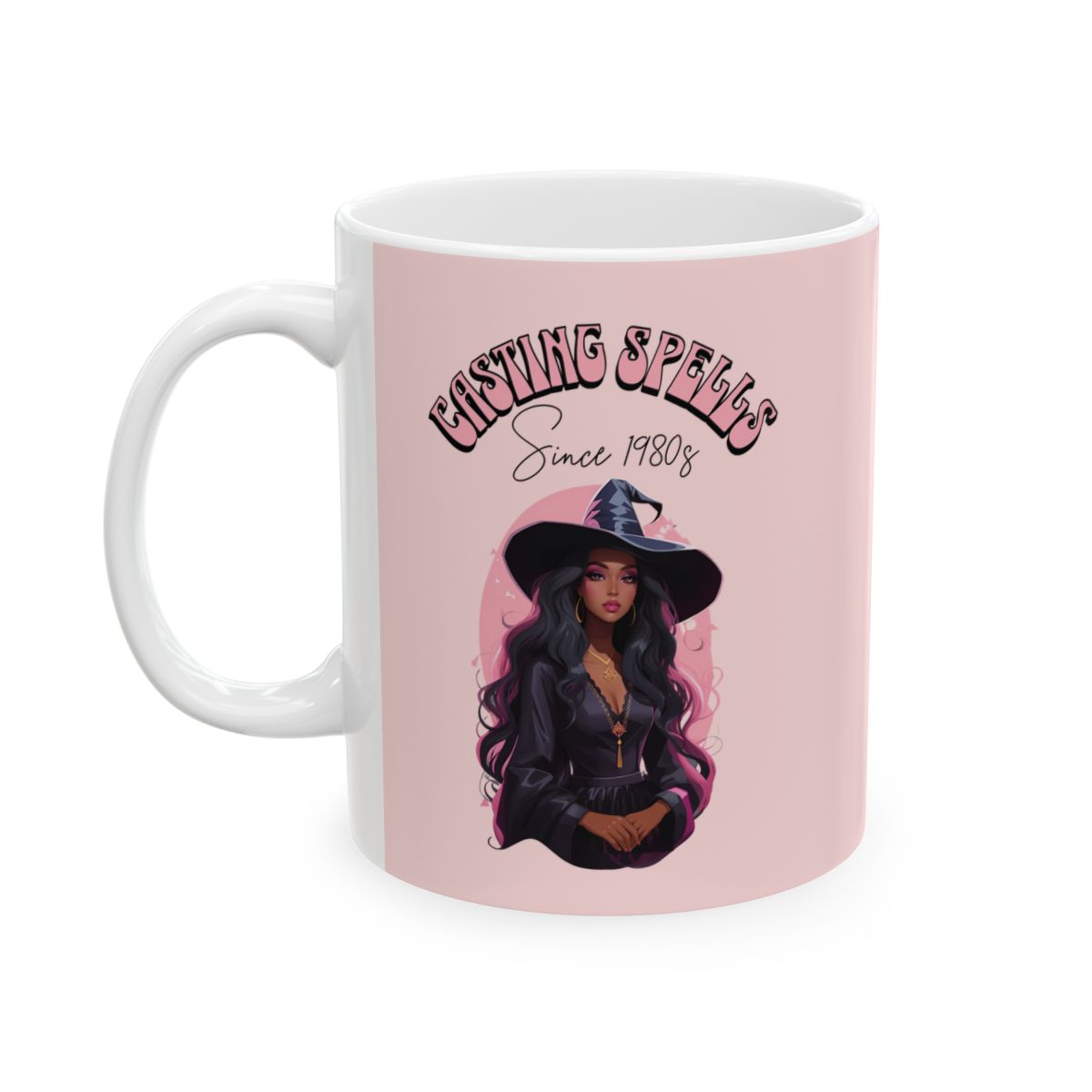 Light Pink mug with a beautiful black witch graphic and text 'Casting Spells Since 1980s' written in retro groovy style pink letters on a soft pink background