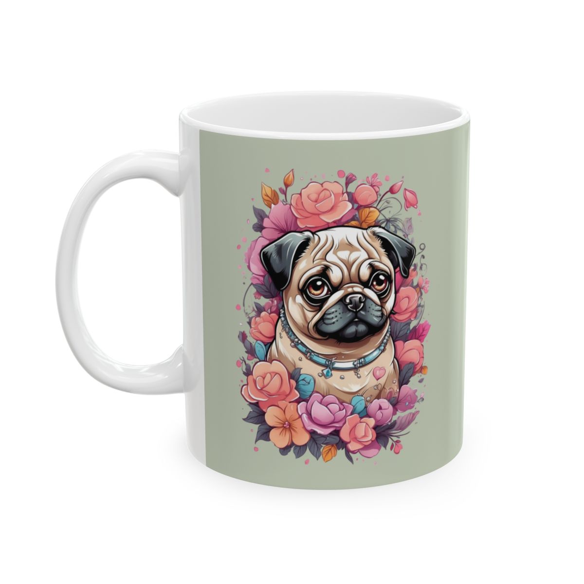 Mug with a pug dog illustration surrounded by flowers on a light pastel green background