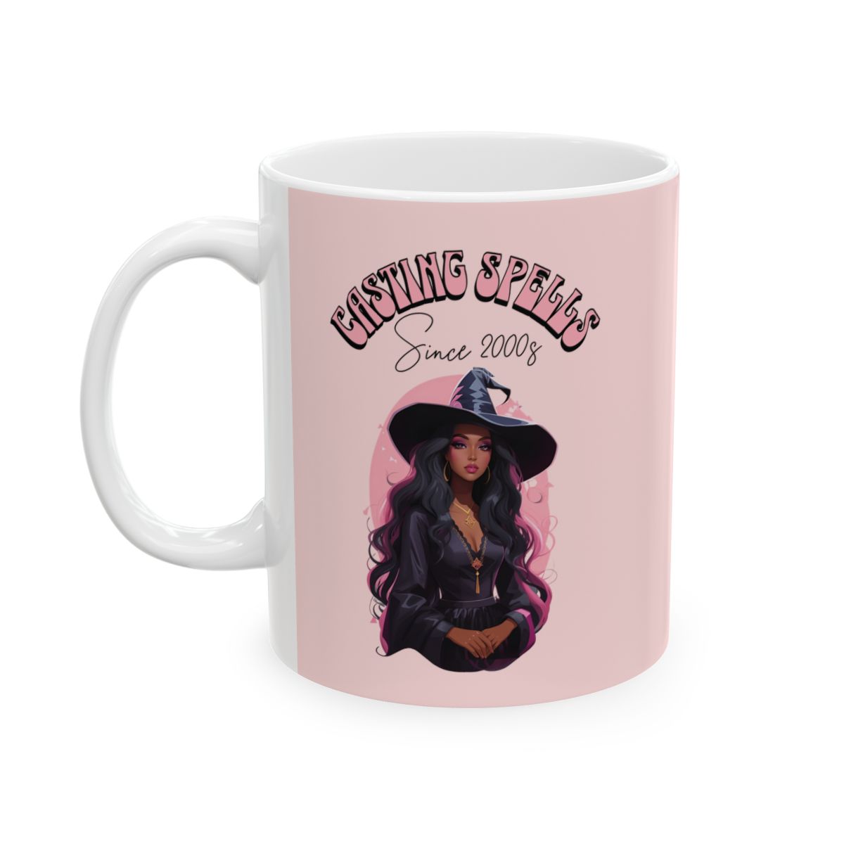Light Pink Mug with a beautiful long haired black witch graphic and a pastel pink 'Casting Spells Since 2000s' text written in retro groovy aesthetic letters on a pink background