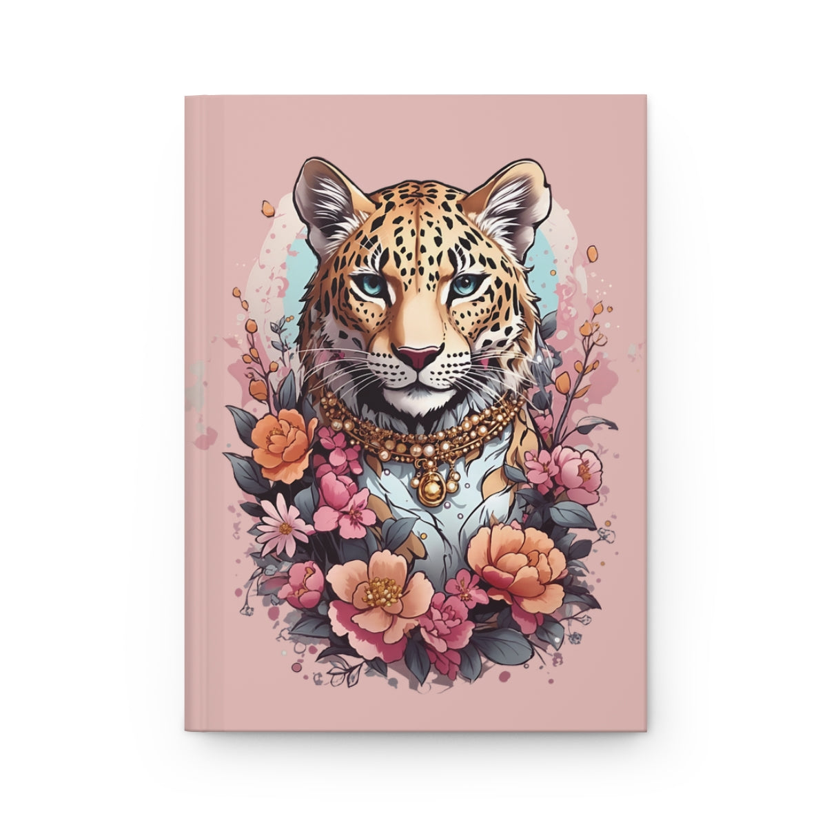 Light pink Notebook with a stylized leopard illustration wearing jewelry surrounded by pastel colored flowers 