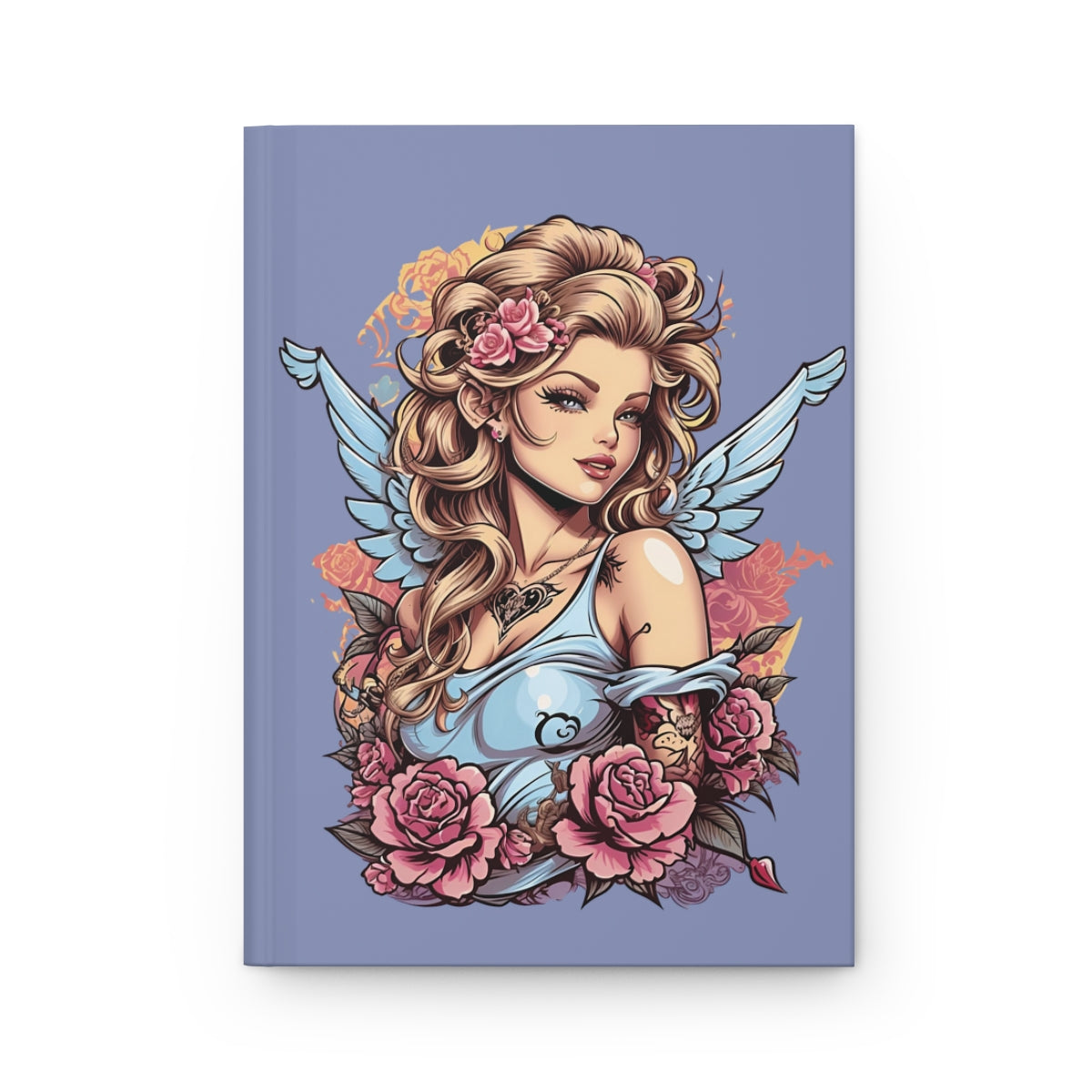 Lavander colored Notebook with an illustration of a retro tattoo aesthetic blonde cupid girl with pastel blue colored wings and pink tattoo style flowers