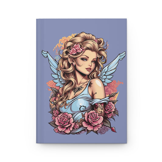 Lavander colored Notebook with an illustration of a retro tattoo aesthetic blonde cupid girl with pastel blue colored wings and pink tattoo style flowers
