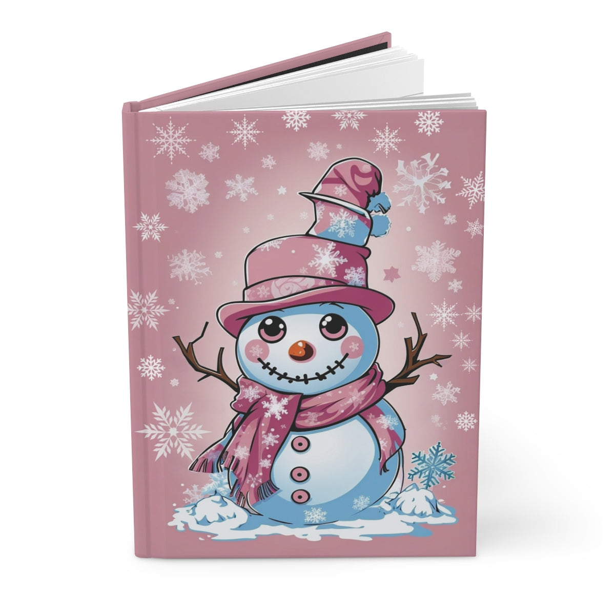 Notebook with a pink girly y2k aesthetic snowman design and snowflakes on a pastel pink background