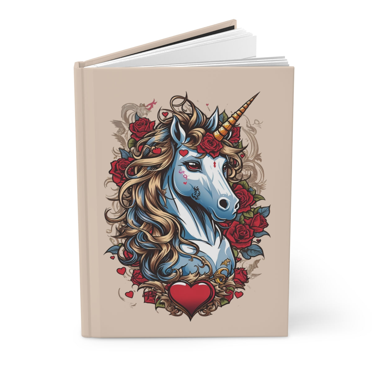 hardcover notebook  with an illustration of a y2k tattoo art aesthetic unicorn with tattoo style red roses and red hearts 