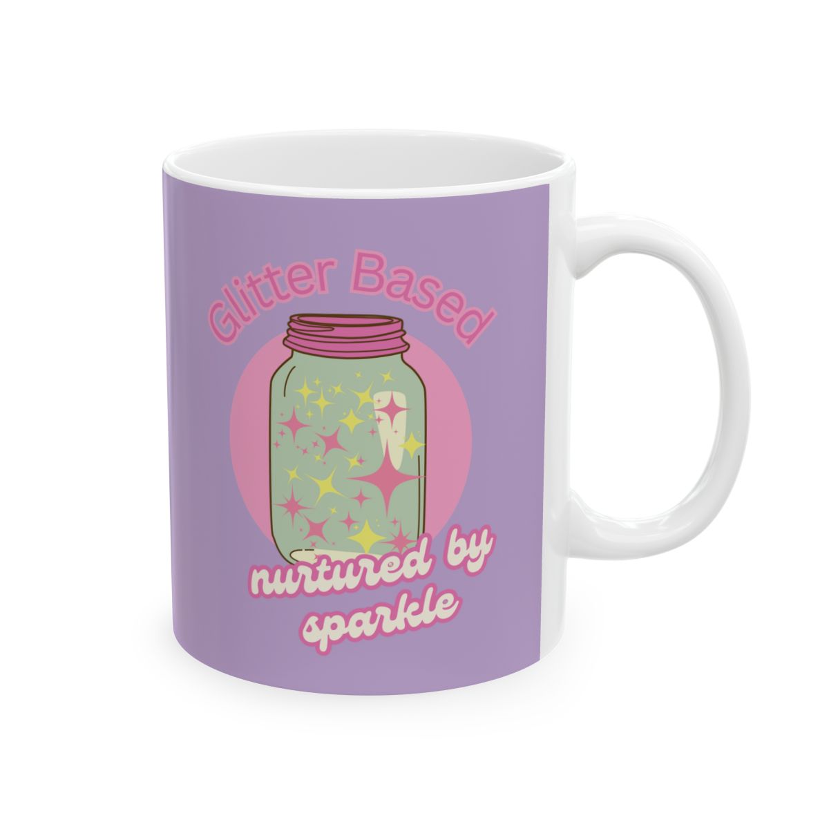 pastel purple Mug with a design of a pastel colored jar filled with sparkle and text "glitter based, nurtured by sparkle" in pink retro aesthetic letters