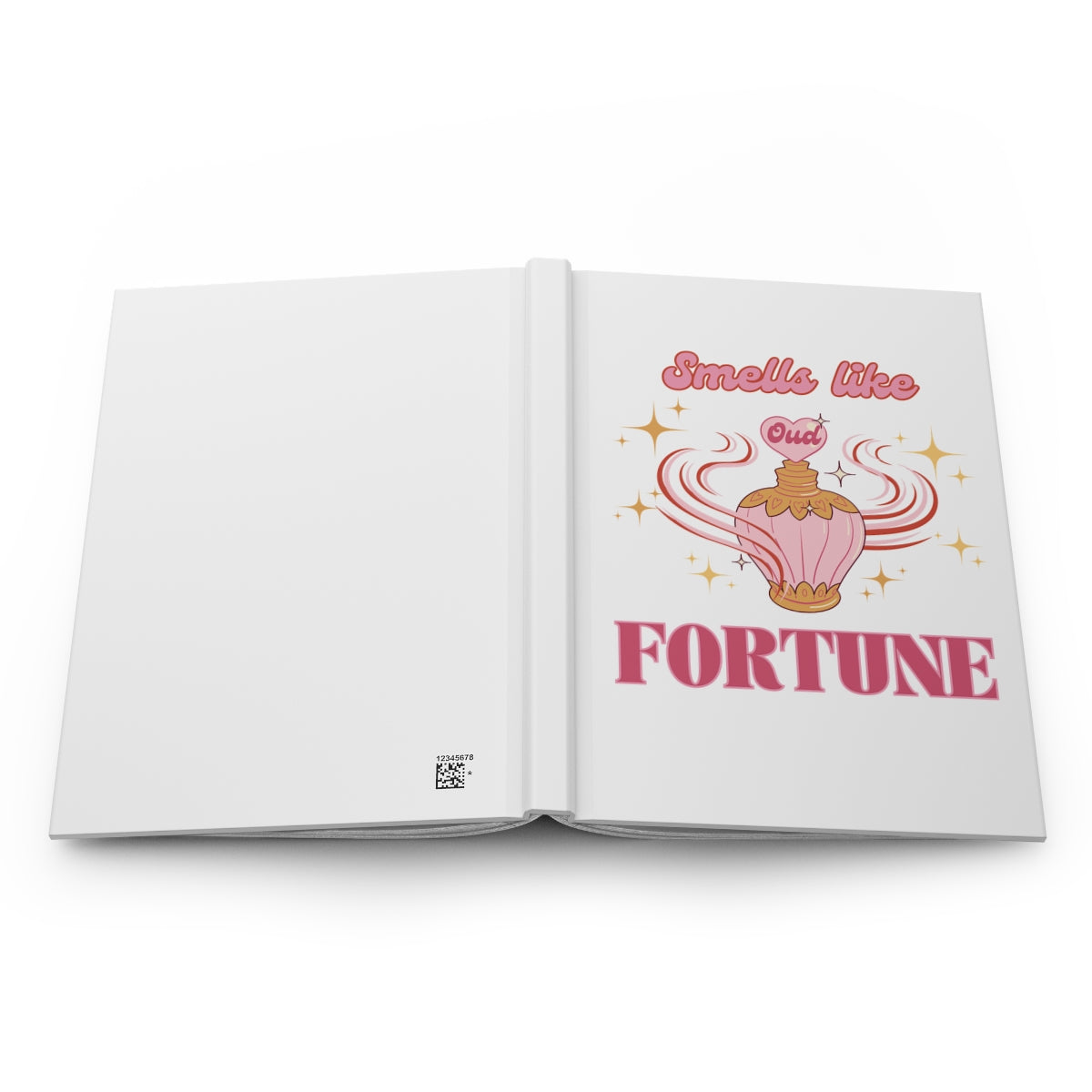 Open book with a pink vintage perfume bottle illustration featuring 'Smells Like Fortune' text written in pink retro groovy letters and retro aesthetic graphics on a white background.