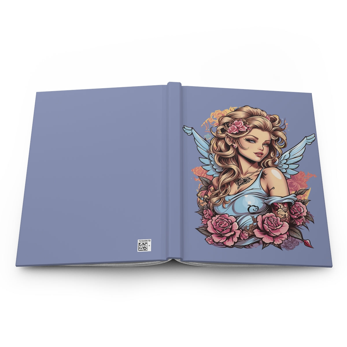open pastel purple colored Notebook with an illustration of a y2k style tattoo aesthetic blonde cupid girl with pastel blue colored wings wearing a pastel blue tee and pink tattoo style flowers