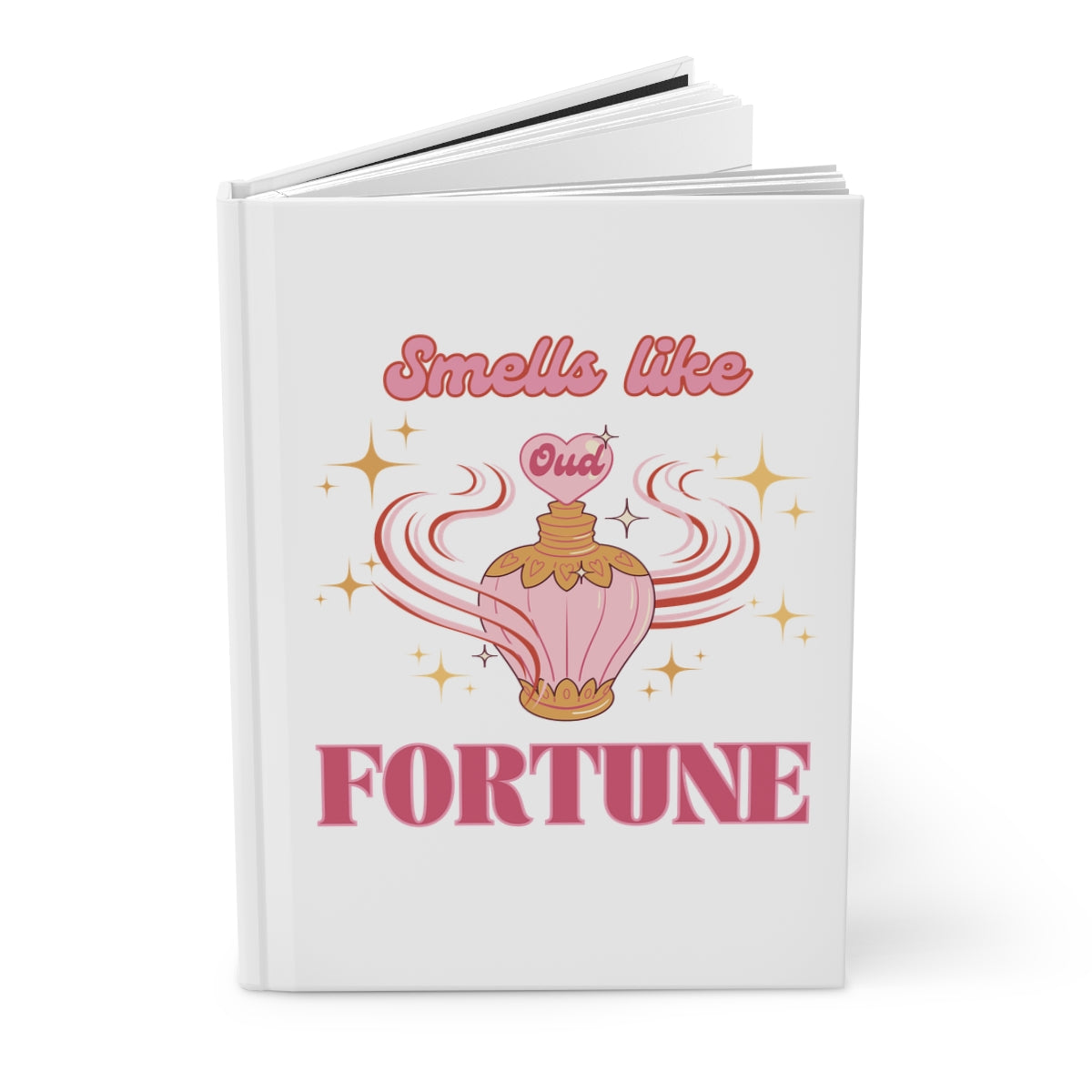 Notebook with a pink vintage perfume bottle design with oud scent and pastel pink retro groovy aesthetic 'Smells like Fortune' text on a white background