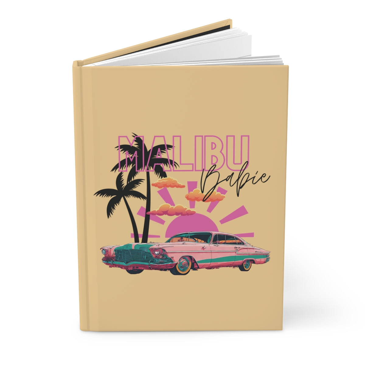 Pastel yellow hardcover Notebook with 'Malibu Babie' design featuring palm trees, a vintage pink car, and sunset
