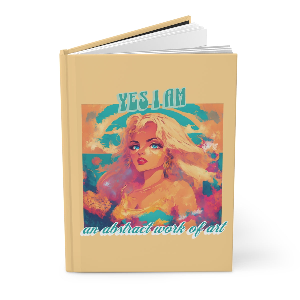 Pastel yellow notebook with an illustration of a very beautiful blonde girl with blue eyes in front of an abstract background and retro aesthetic style text "yes I am an abstract work of art"