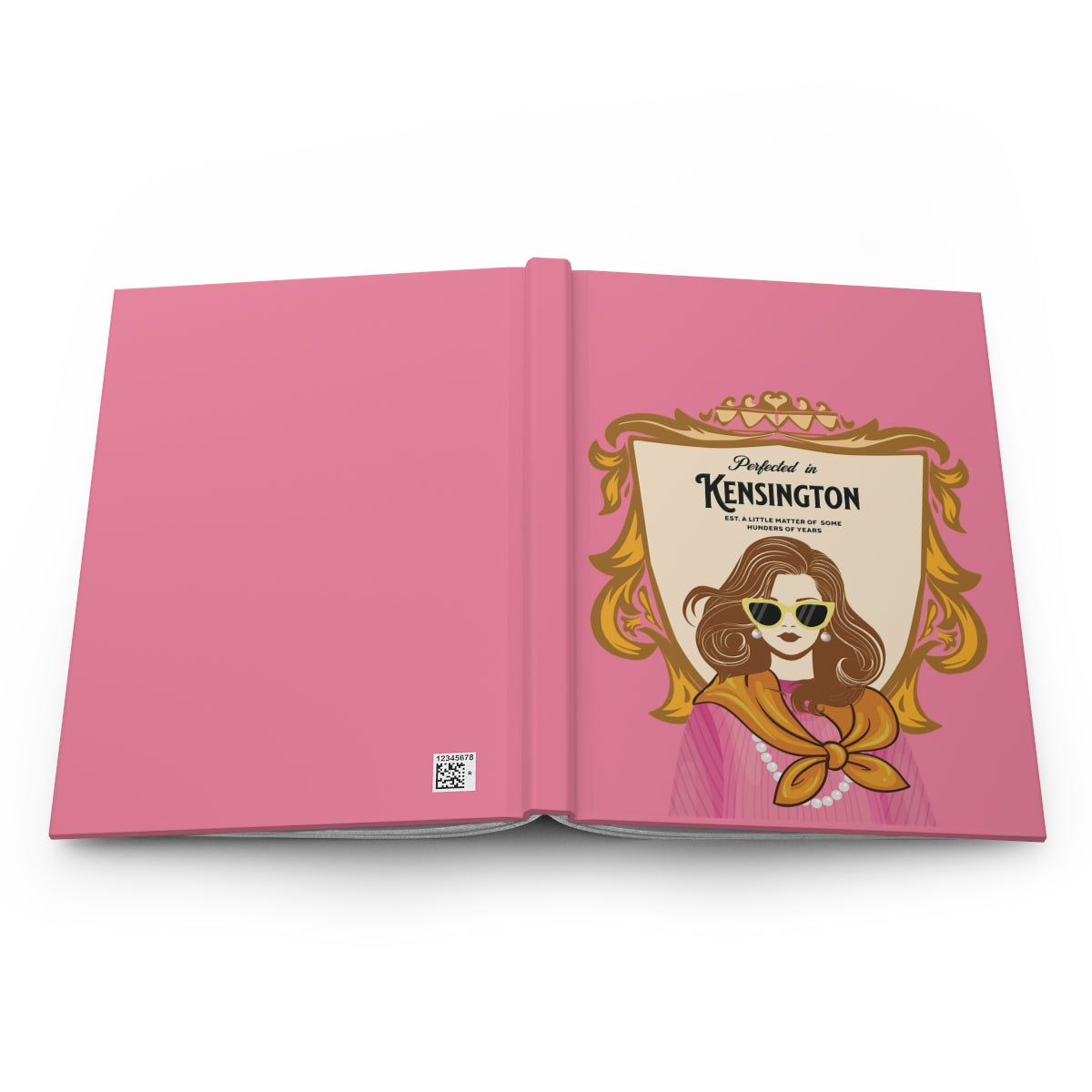 Open Notebook with a pink cover featuring an illustration of a female British  aristocrat with a Chelsea blowout, wearing pearls and a scarf and sunglasses and regal aesthetic text "perfected in Kensington" written on a a coat of arms
