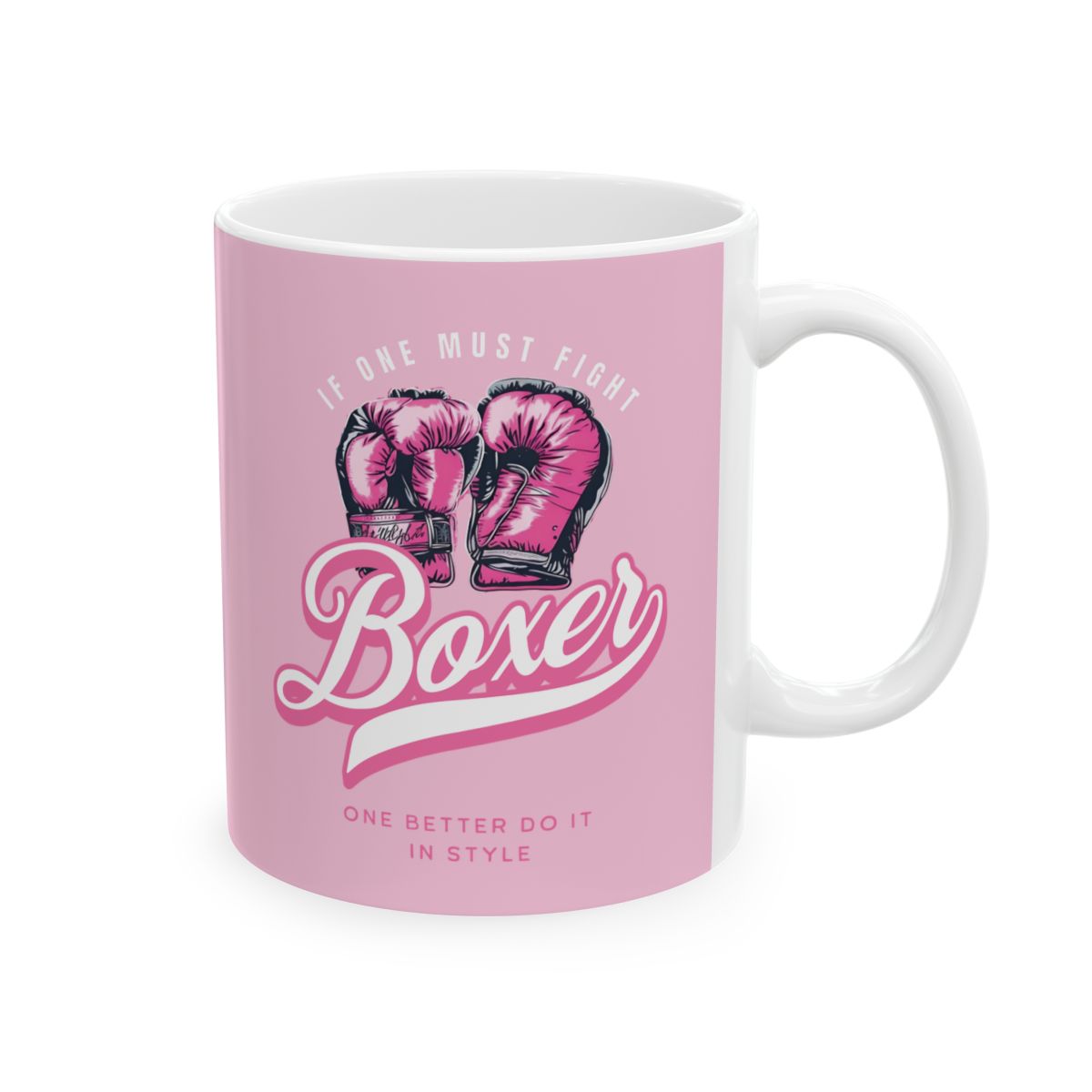 Baby Pink mug in different shades of pink with pink boxing gloves design and a retro pink text 