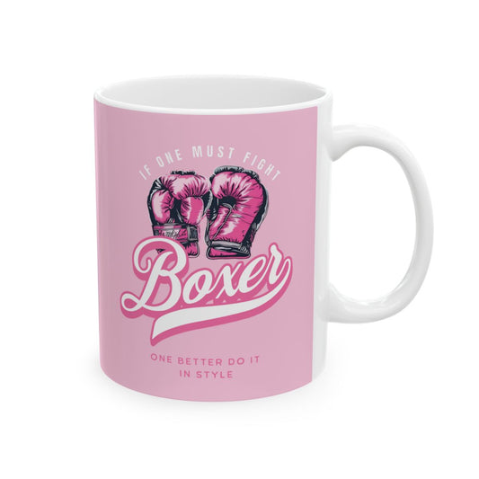 Baby Pink mug in different shades of pink with pink boxing gloves design and a retro pink text 