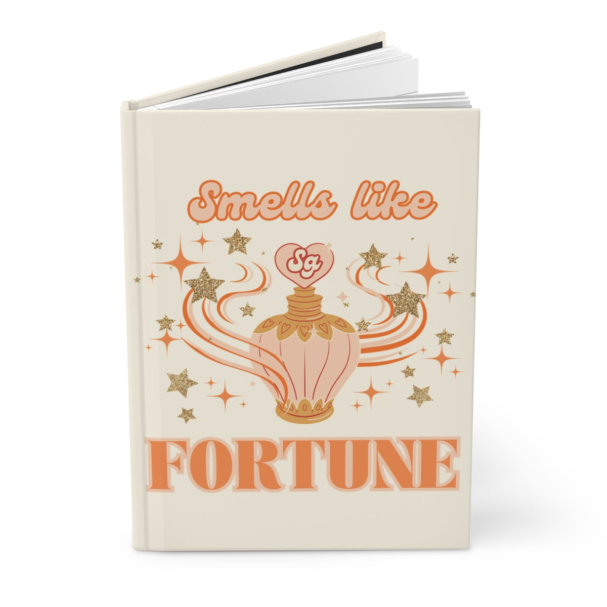 Notebook with an illustration of an orange vintage perfume bottle surrounded by glittery stars, and  'Smells like Fortune' text written in pastel orange retro aesthetic letters