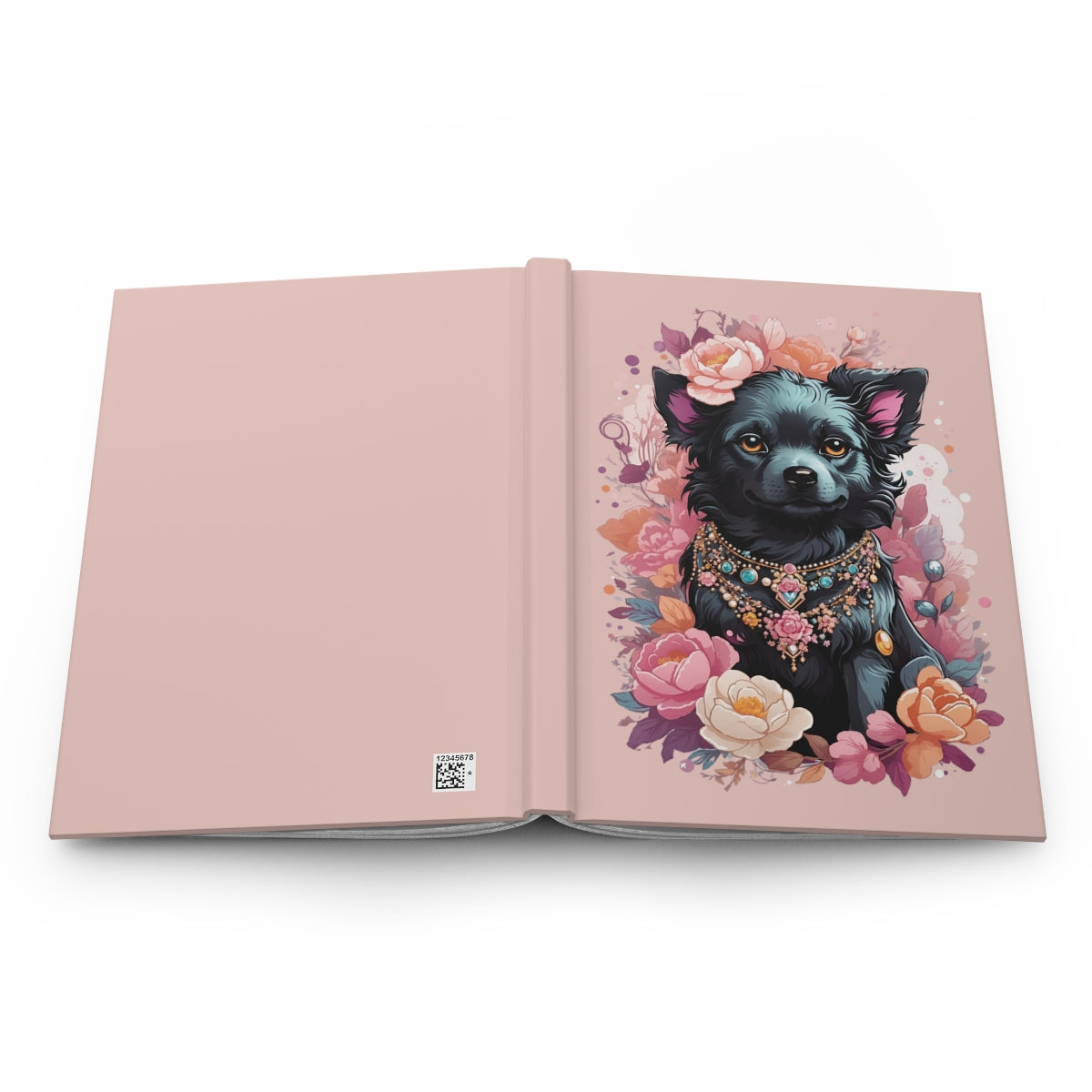 Open soft pink notebook with an Illustration of a little black puppy with pink ears, wearing pastel gemstone necklace and pastel floral decorations 