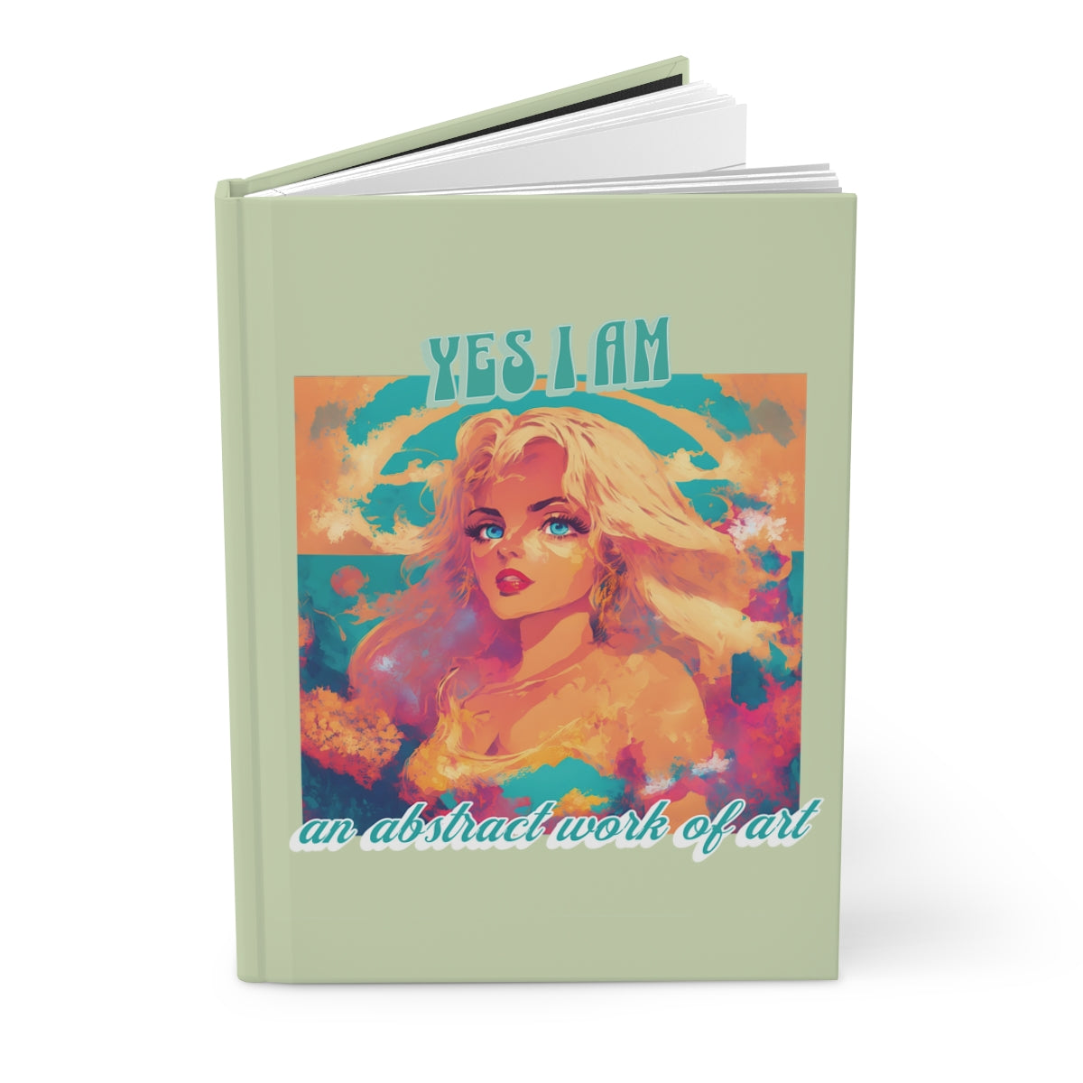 Pastel green journal with a cover featuring an illustration of a blonde bombshell girl with blue eyes, an abstract design and retro aesthetic text "Yes I am an abstract work of art" 