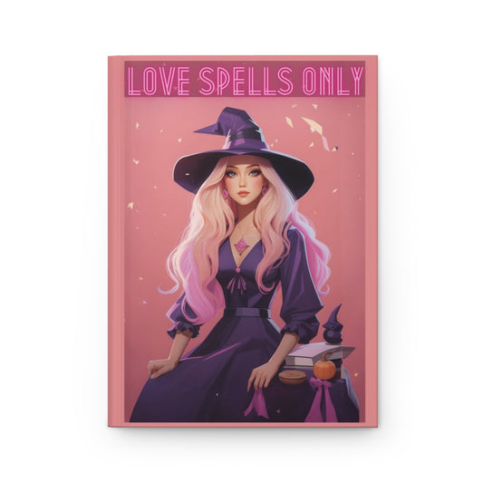 Magical-themed notebook with a blonde witch illustration and 'Love Spells Only' text in neon letters on a pink background.