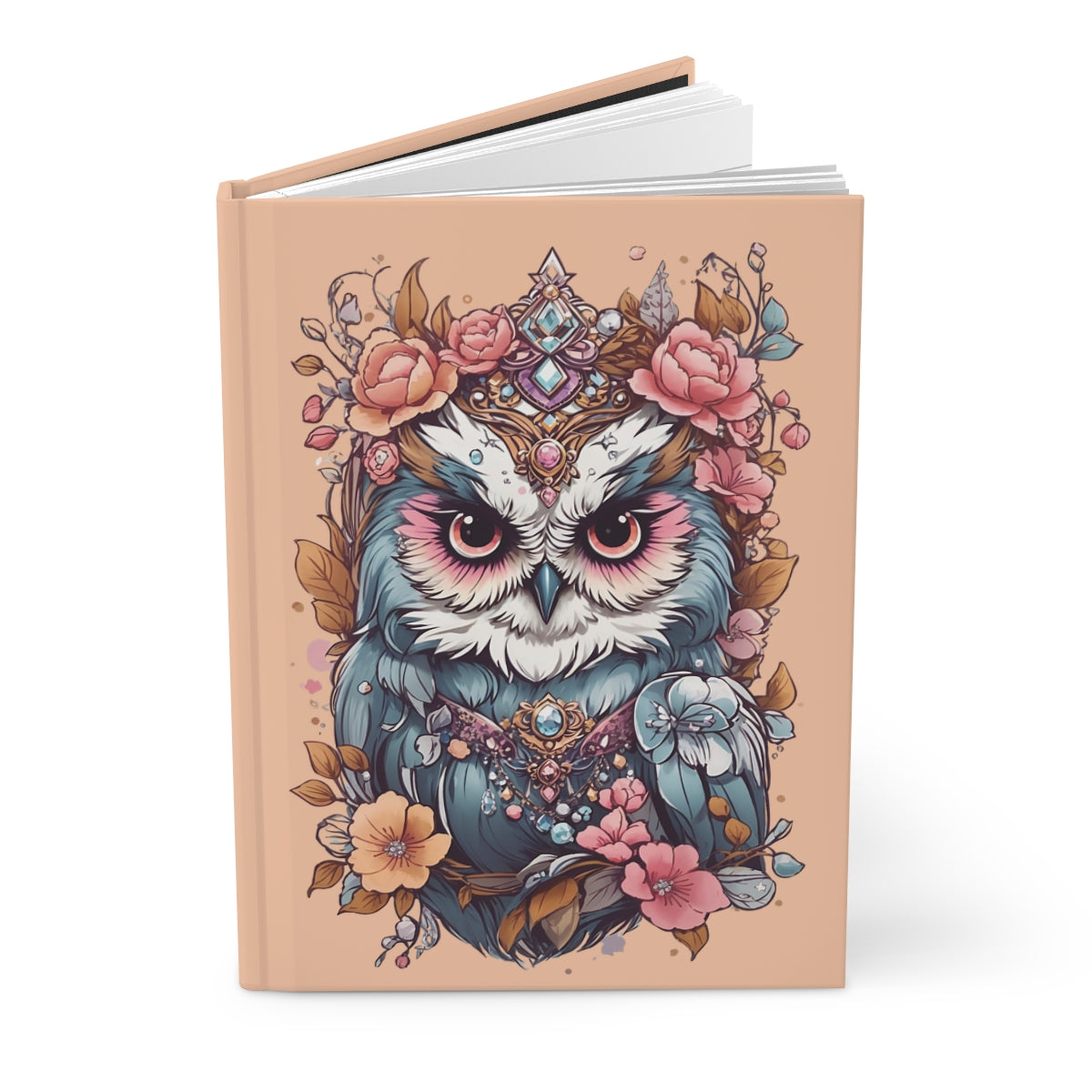 Peach colored Notebook with a kawaii aesthetic girly owl design with flowers and jewels