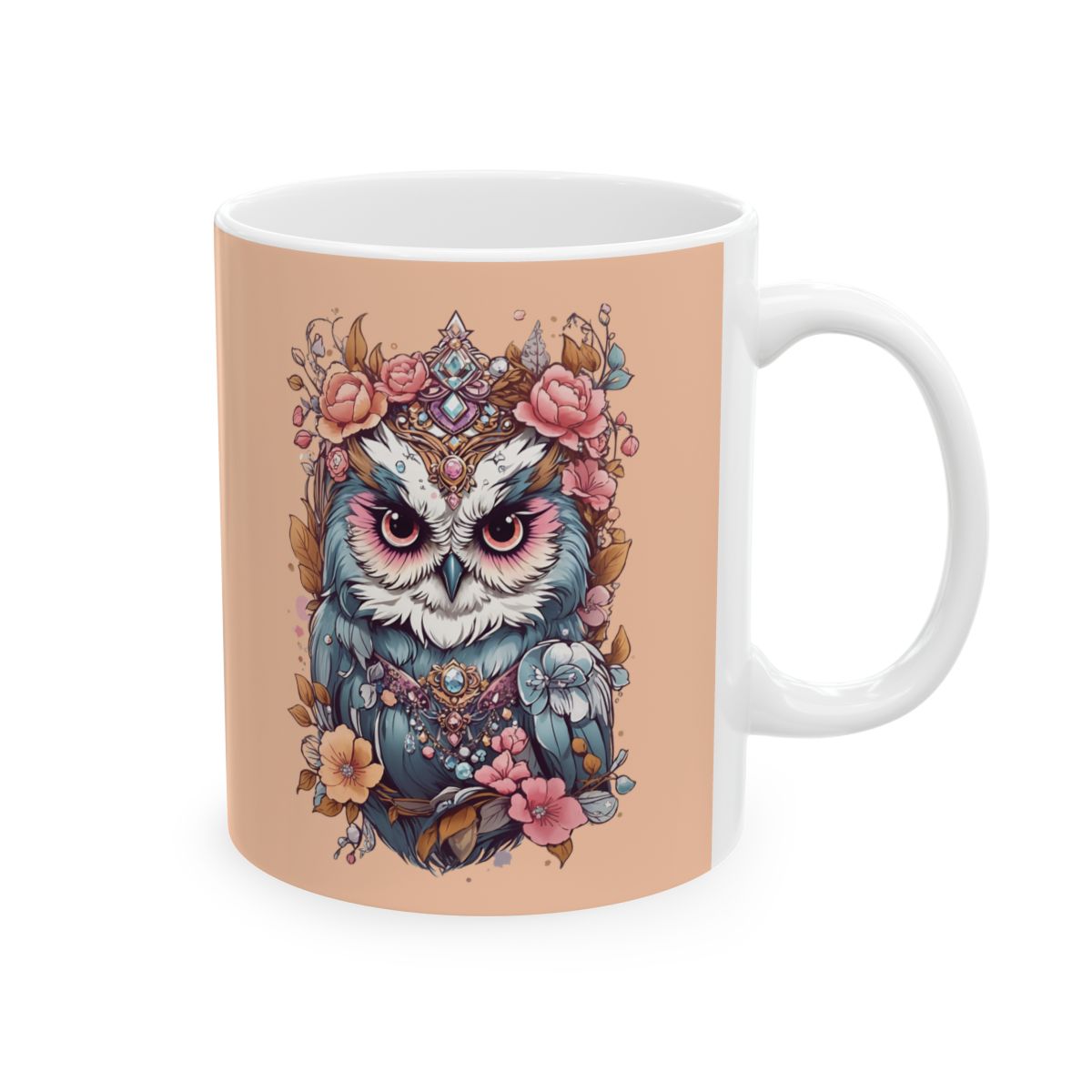 Mug with an owl wearing jewelry and flowers  illustration on a peach background