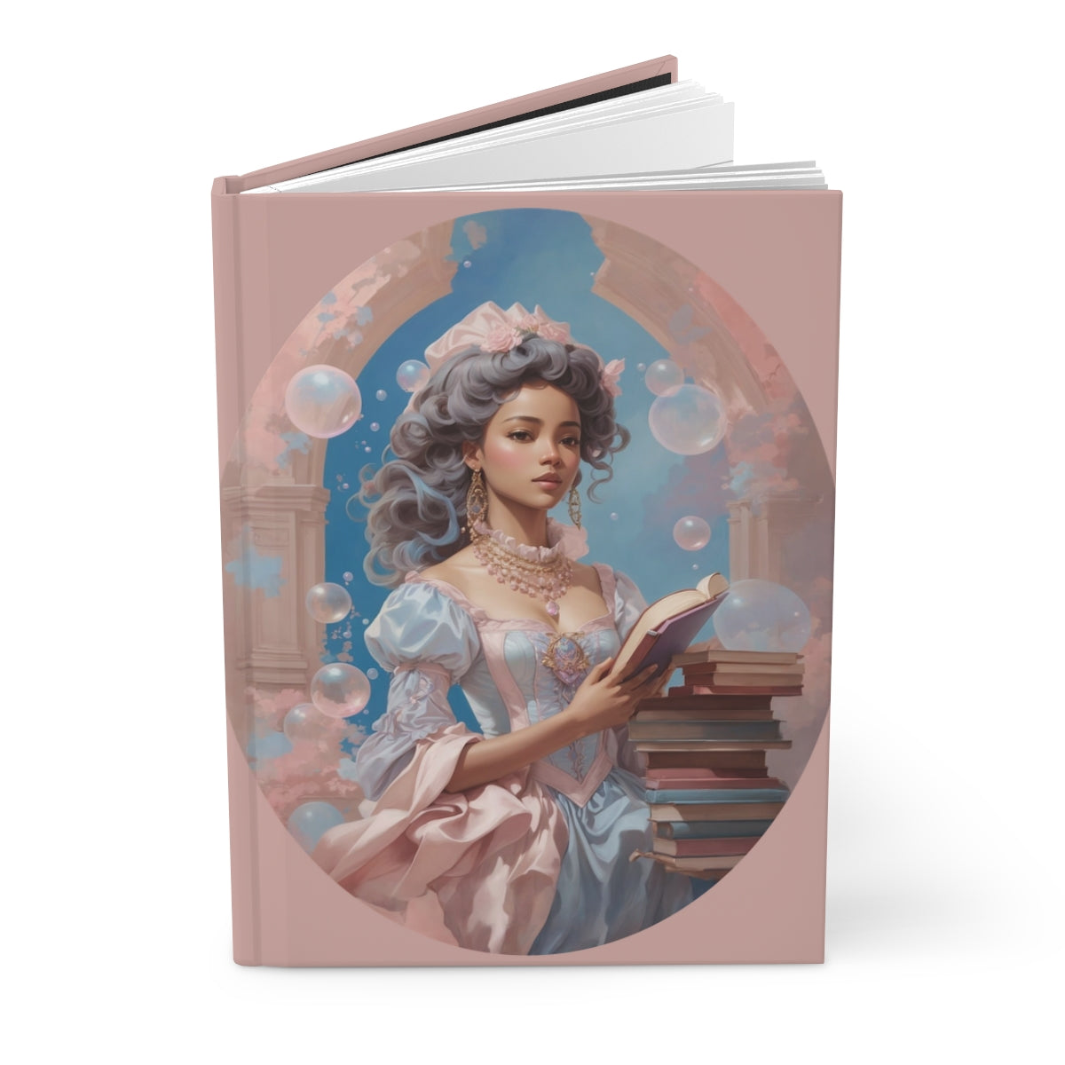 Light pink notebook with an Illustration of a beautiful mixed race young woman wearing a pastel colored regency aesthetic gown holding a book, surrounded by bubbles and books in a library 