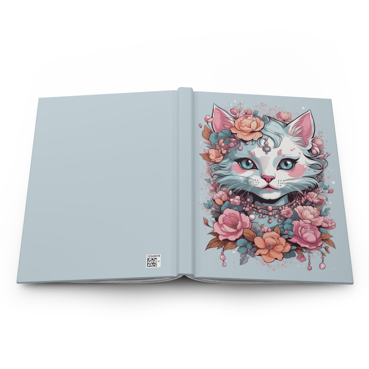 Open notebook with an Illustration of a girly kawaii aesthetic kitten with pastel colored flowers on a light blue background