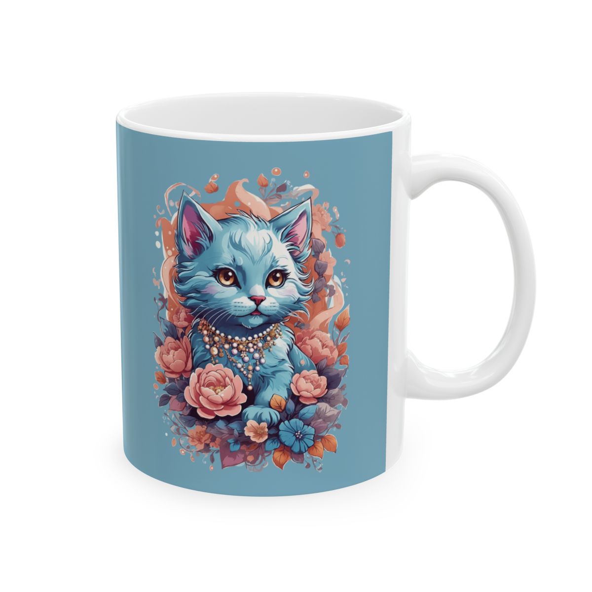 Mug with the design of a blue girly kitten illustration wearing a necklace and decorated with flowers on a light blue background