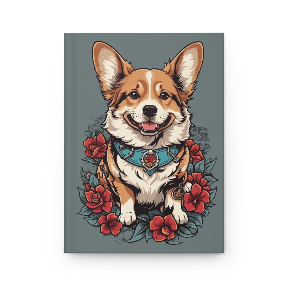 hardcover journal with an Illustration of a cute corgi dog with floral designs in 2000s tattoo art aesthetic