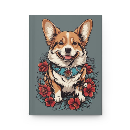 hardcover journal with an Illustration of a cute corgi dog with floral designs in 2000s tattoo art aesthetic