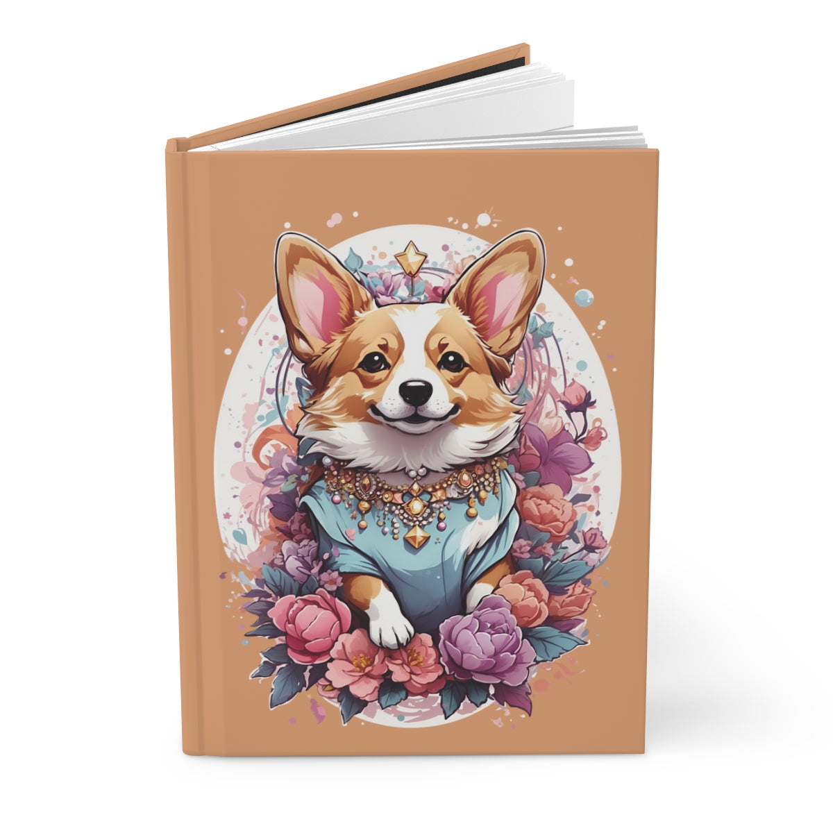 Notebook cover with an illustration of a kawaii style corgi puppy dressed in regal aesthetic wearing jewelrysurrounded by pastel colored flowers 