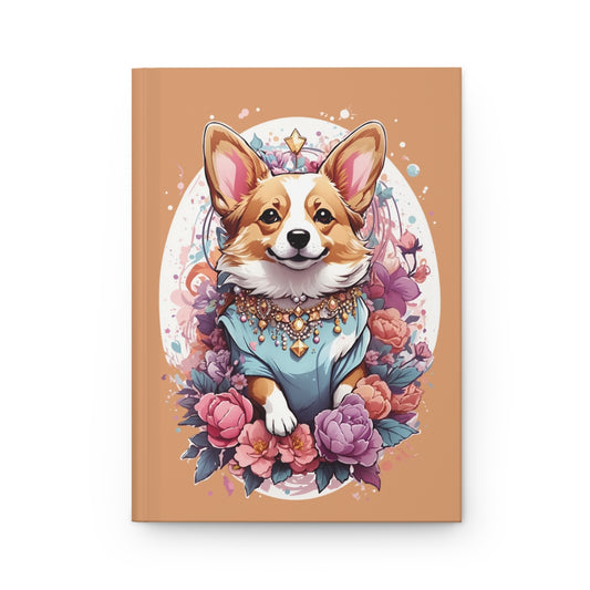 Notebook cover with an illustration of a corgi dog dressed in regal aesthetic surrounded by pastel colored flowers 