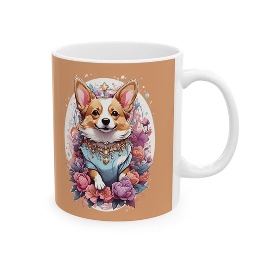 Mug with a corgi dressed in jewels illustration on a mustard colored background