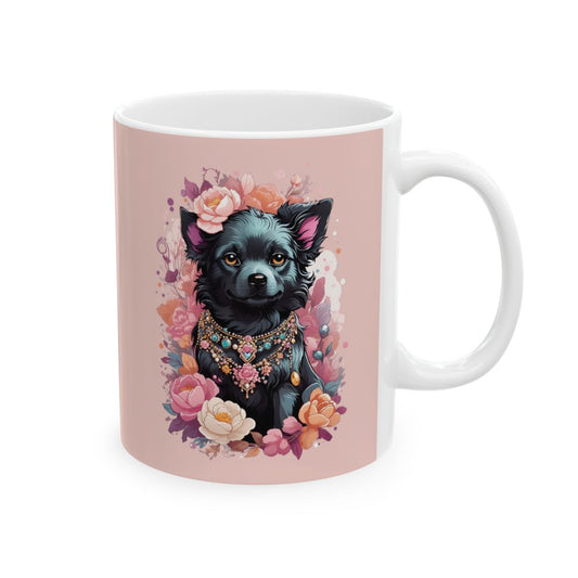 Pastel pink Mug with a colorful design of a small black terrier dog with pink ears, wearing a necklace with lots of pastel colored gemstones and surrounded by flowers
