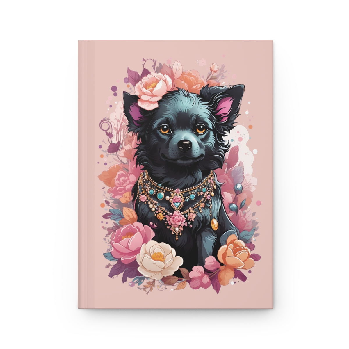Light pink notebook with an Illustration of a little black dog with pink ears, wearing pastel gemstone jewelry and pastel floral decorations 