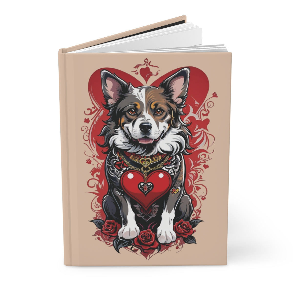 Journal with 2000s tattoo art aesthetic dog illustration with red hearts and tattoo style red roses on a beige background