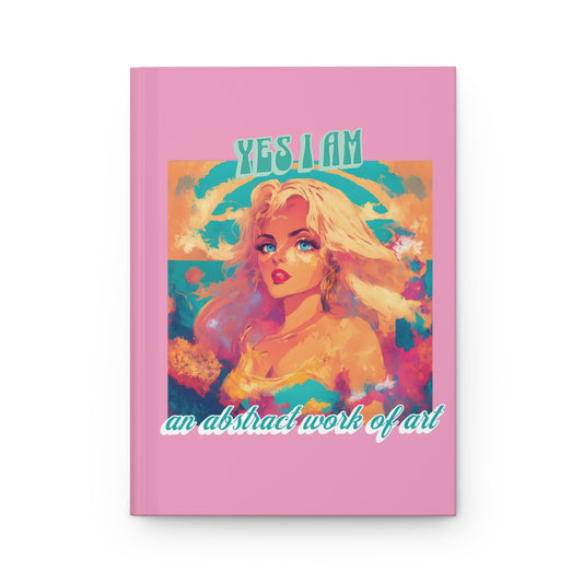 Pastel pink Notebook with a pastel colored design of a blonde girl with blue eyes and abstract elements and retro aesthetic text "yes I am an abstract work of art"