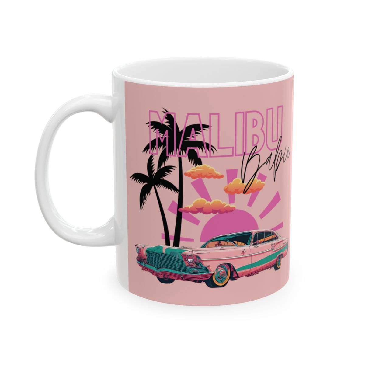 Pastel Pink mug with 'Malibu Babie' text with a design featuring a girly vintage car, palm trees, pastel clouds,  a pink sunset.