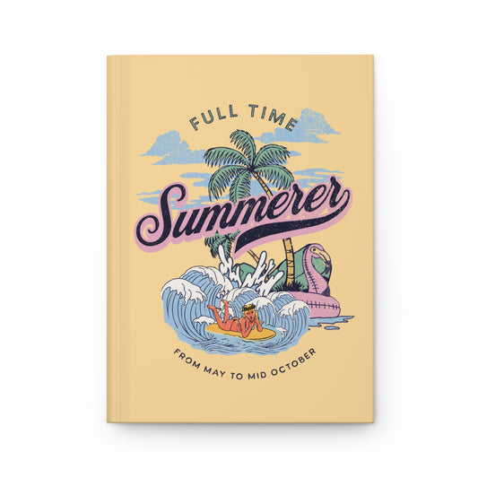 Pastel yellow Notebook featuring a retro style illustration of a blonde girl surfing in the ocean, palm trees, a pastel pink flamingo float and  'Full Time Summerer' text written in retro aesthetic