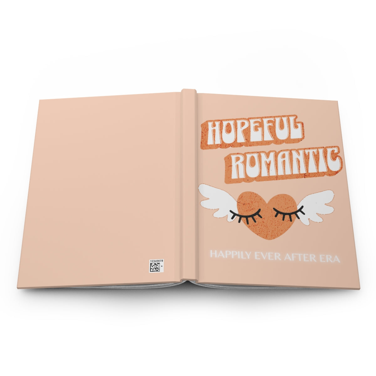 Notebook with 'Hopeful Romantic' text written in orange retro aesthetic letters and an orange heart with wings and eyelashes design and white neon "happily ever after era" text underneath