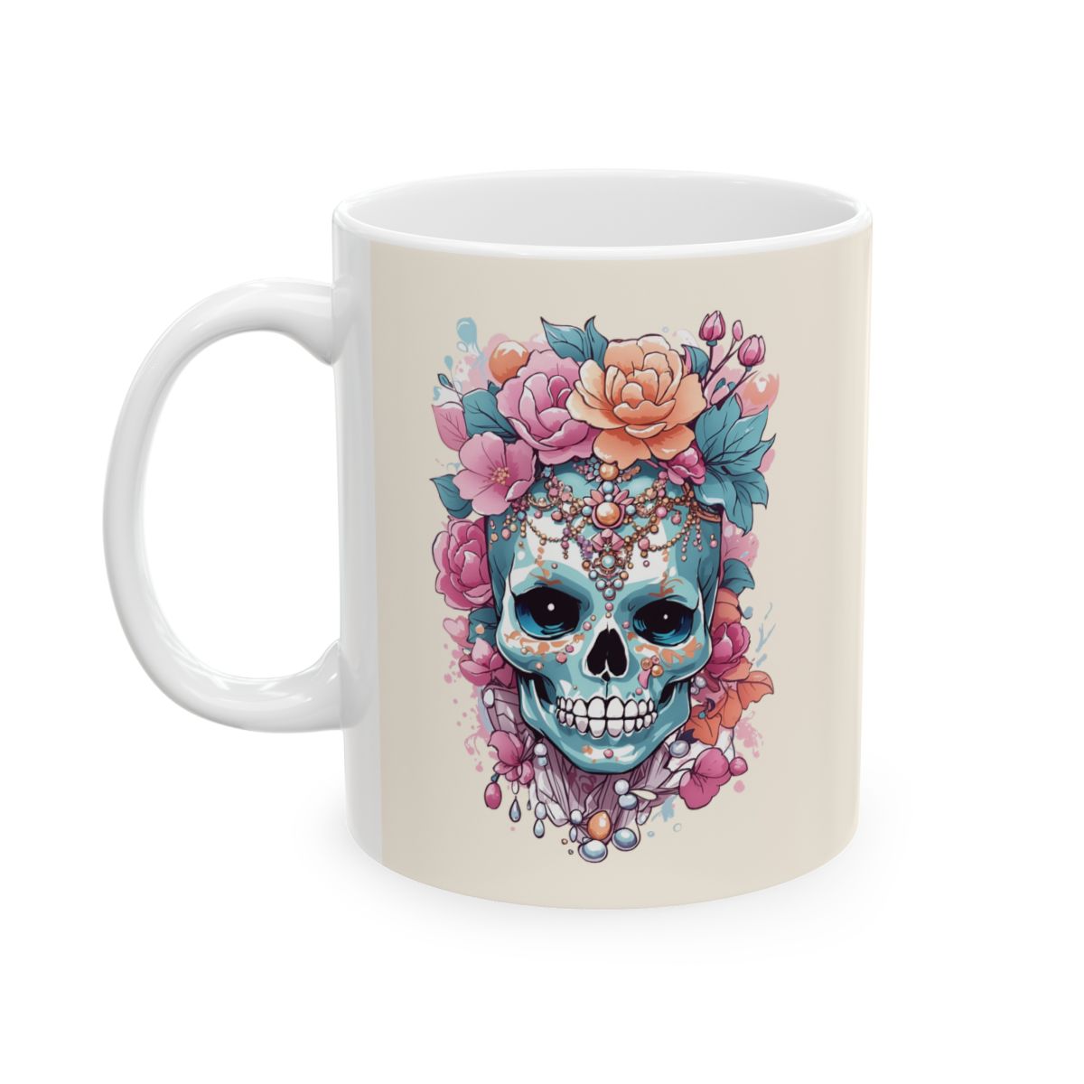 Mug with a colorful skull wearing jewelry and flowers design in pastel colors