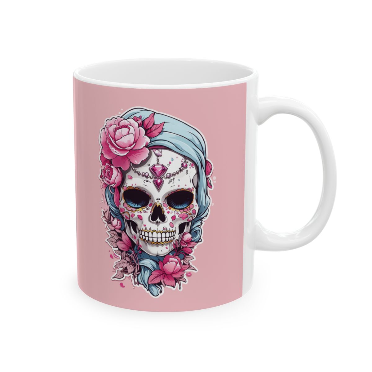 Pastel pink mug with a pastel colored  skull design wearing jewelry and pink flowers design on a pink background