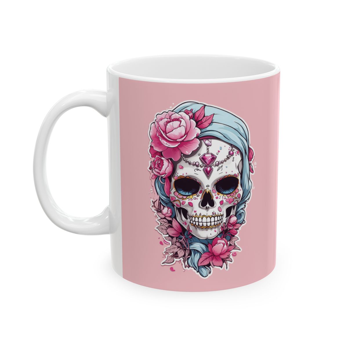 Pastel pink mug with a pastel colored  skull design wearing jewelry and pink flowers design on a pink background