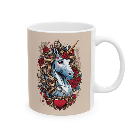 Mug with a 2000s aesthetic unicorn and a heart and roses design on a beige background