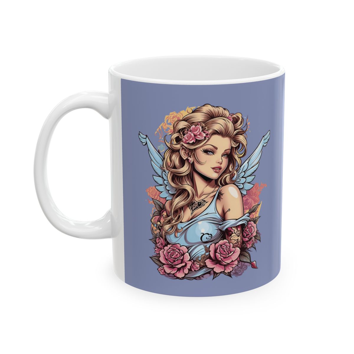Pastel colored Mug with a blonde angel design in retro aesthetic on a light purple background