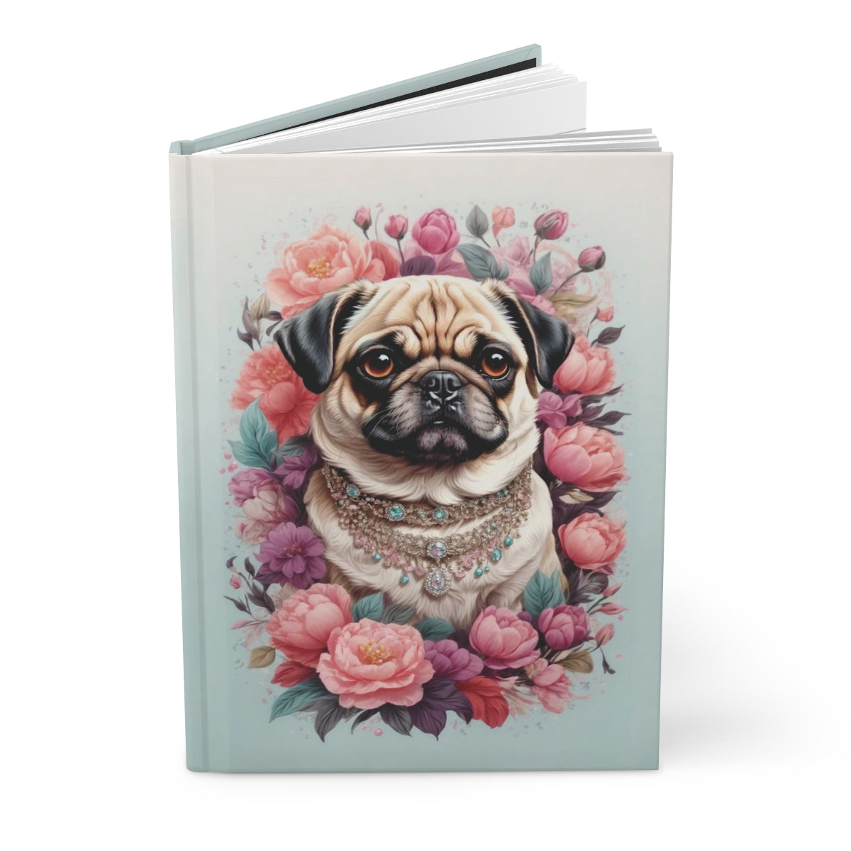 Light blue hardcover notebook with the design of a pug wearing diamond necklaces with pastel colored stones surrounded by lots of pastel colored flowers