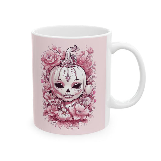 Light Pink mug with a pumpkin skull and jewels and florals design in pastel shades of pink