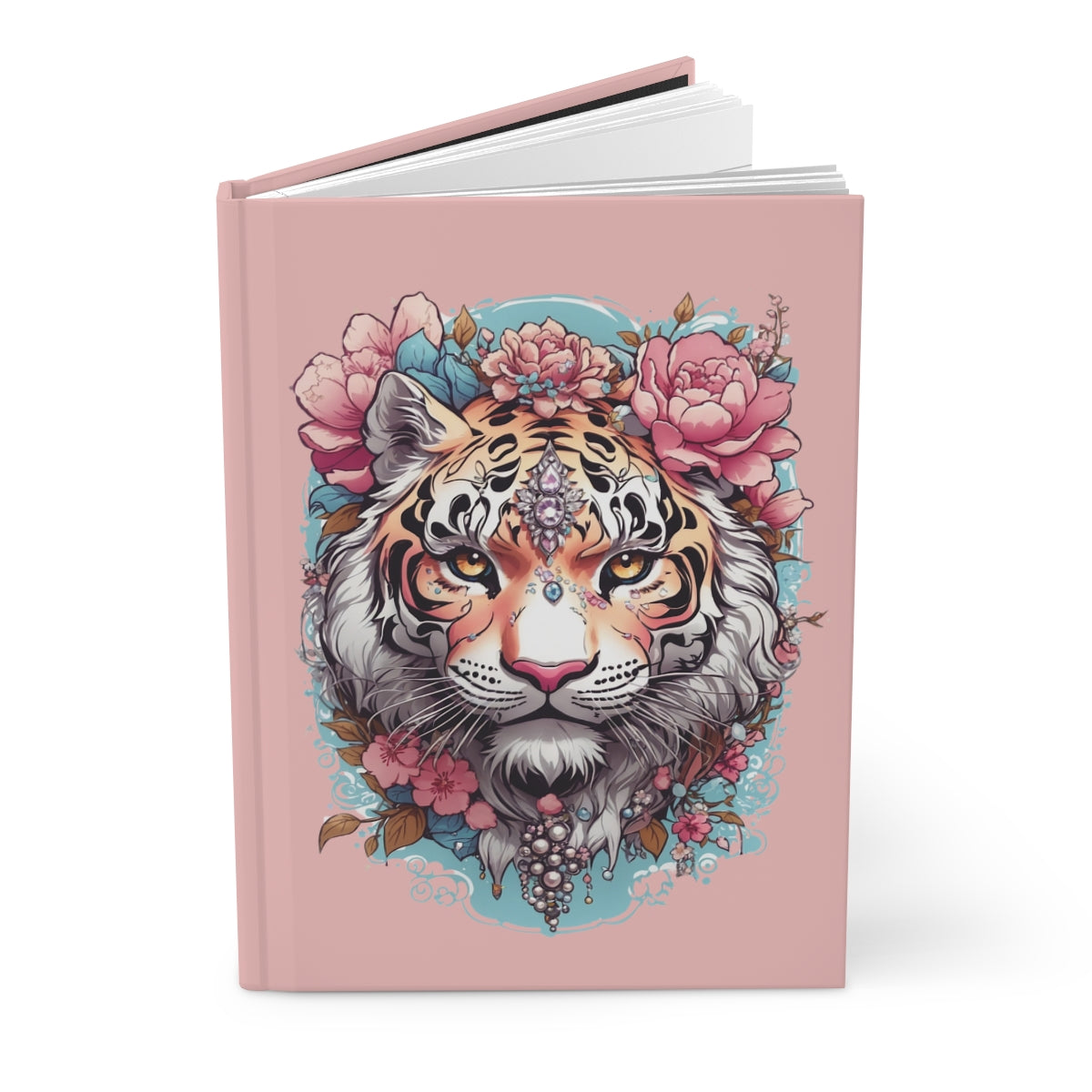 Pastel pink hardcover journal with a chic girly tiger illustration in pastel colors surrounded with pink flowers and jewelry 